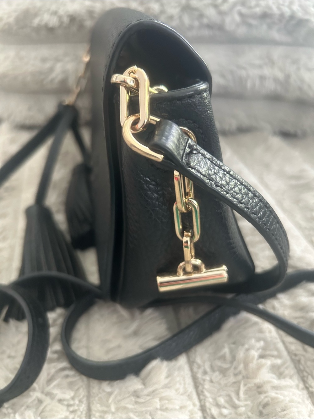 Tory Burch McGraw Fold Over Black Leather Tassel Crossbody Bag - Picture 3 of 4
